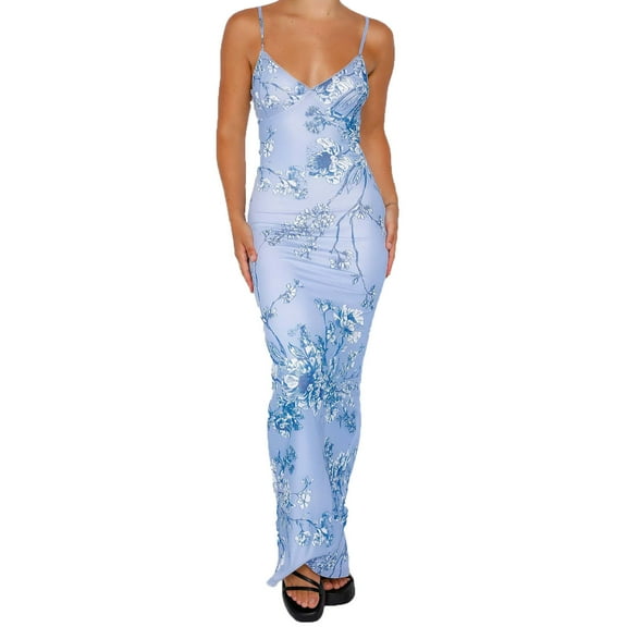 Summer Saving Wycnly Dresses for Women 2024 Evening Party Club Sexy Bodycon Wrap Hip Spaghetti Strap Long Dresses Floral Print Sleeveless V-Neck Maxi Formal Dresses for Women Blue l
