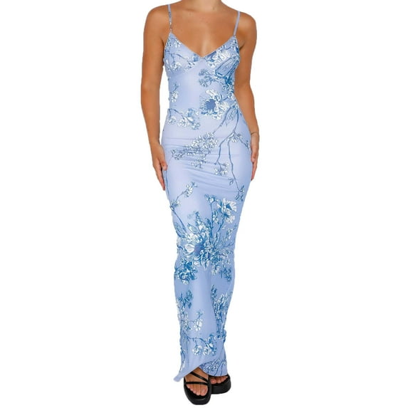Summer Saving Wycnly Dresses for Women 2024 Evening Party Club Sexy Bodycon Wrap Hip Spaghetti Strap Long Dresses Floral Print Sleeveless V-Neck Maxi Formal Dresses for Women Blue s