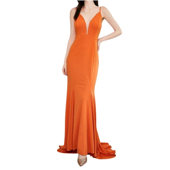 Wycnly Dresses for Women 2025 Evening Party Prom Elegant Bodycon Low-cut Spaghetti Strap Mermaid Long Dresses Solid Sleeveless V-Neck Maxi Formal Dresses for Women Orange s