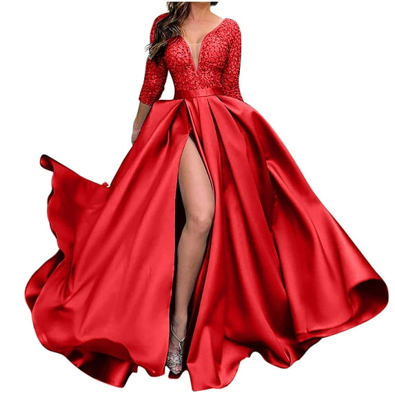 Summer Saving Wycnly Dresses for Women 2024 Evening Party Prom Elegant High Waist Flowy Slit Swing Sparkly Sequin Long Dresses Solid Long Sleeve V-Neck Maxi Formal Dresses for Women Red XL