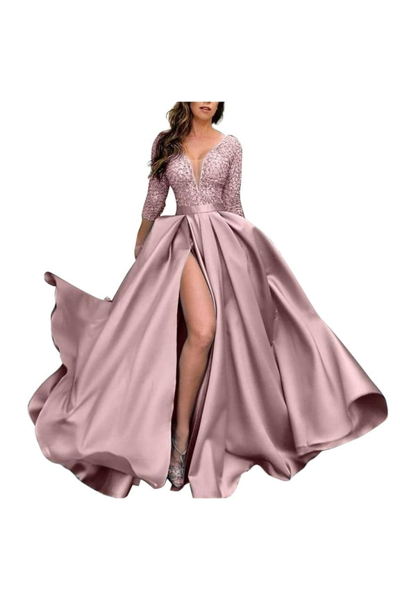 Summer Saving Wycnly Dresses for Women 2024 Evening Party Prom Elegant High Waist Flowy Slit Swing Sparkly Sequin Long Dresses Solid Long Sleeve V-Neck Maxi Formal Dresses for Women Pink l