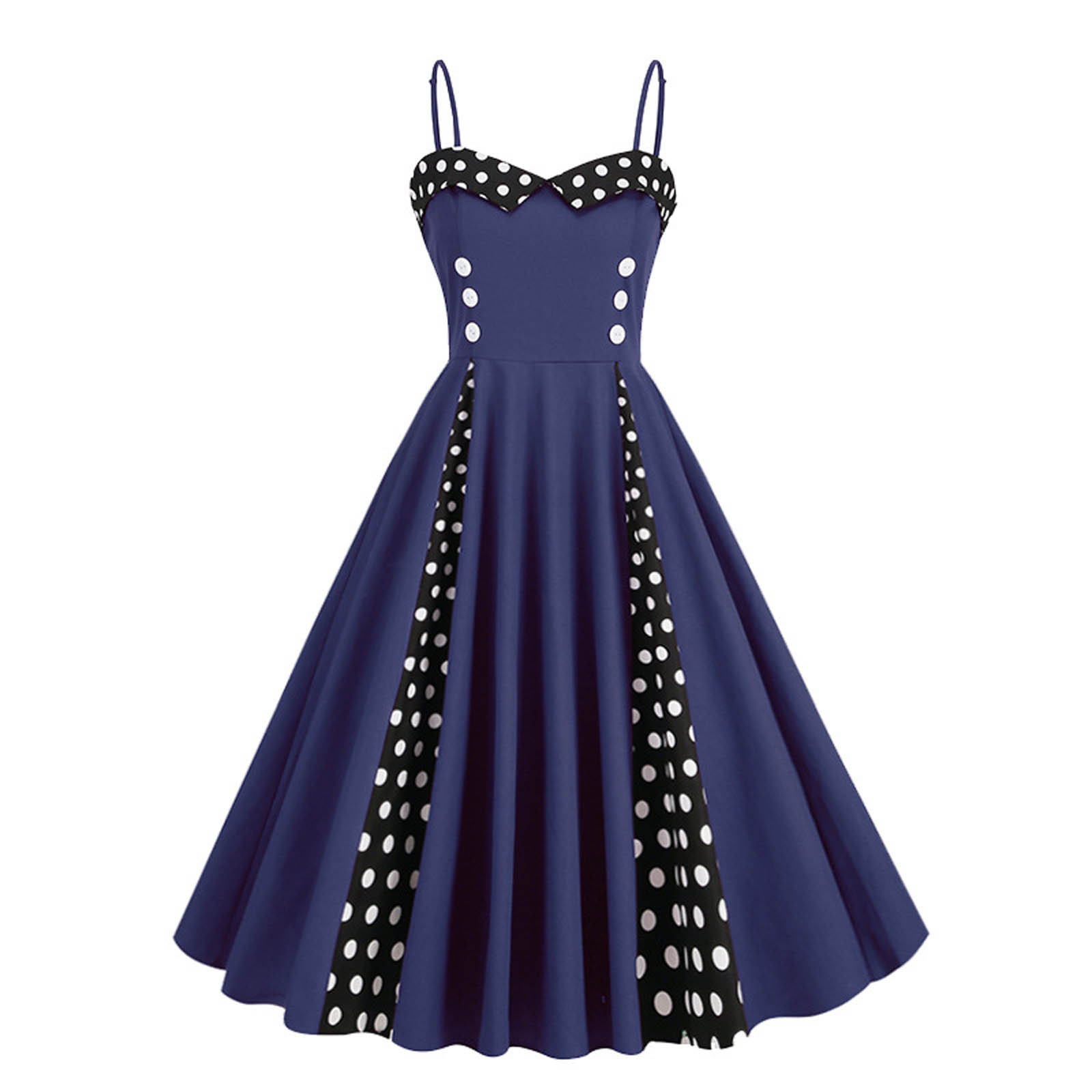 Summer Saving Wycnly Dresses for Women 2024 Evening Party Prom Vintage 1950S Flowy Pleated Swing Strap Midi Dresses Polka Dot Print Sleeveless V-Neck Knee-Length Formal Dresses for Women Blue m