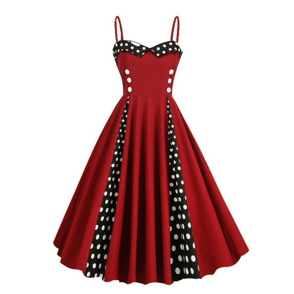 Summer Saving Wycnly Dresses for Women 2024 Evening Party Prom Vintage 1950S Flowy Pleated Swing Strap Midi Dresses Polka Dot Print Sleeveless V-Neck Knee-Length Formal Dresses for Women Wine XXL
