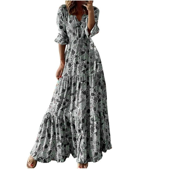 Summer Saving Wycnly Dresses for Women 2024 Fall Plus Size Fashion High Waist Flowy Ruffle Swing Lantern Sleeve Long Dresses Camouflage Elbow-Length V-Neck Maxi Formal Dresses for Women Gray m