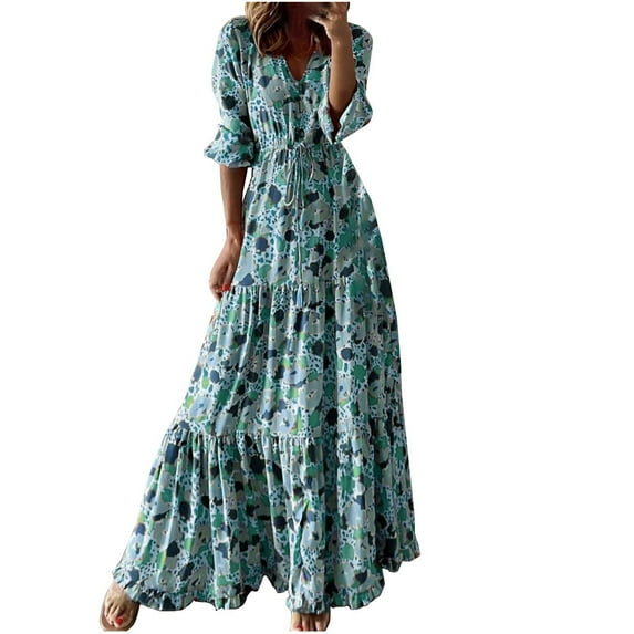 Summer Saving Wycnly Dresses for Women 2024 Fall Plus Size Fashion High Waist Flowy Ruffle Swing Lantern Sleeve Long Dresses Camouflage Elbow-Length V-Neck Maxi Formal Dresses for Women Green m