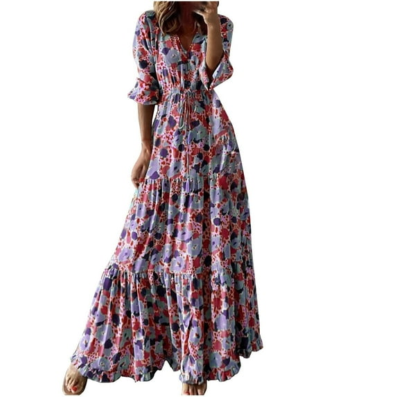 Summer Saving Wycnly Dresses for Women 2024 Fall Plus Size Fashion High Waist Flowy Ruffle Swing Lantern Sleeve Long Dresses Camouflage Elbow-Length V-Neck Maxi Formal Dresses for Women Pink l