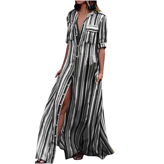Summer Saving Wycnly Dresses for Women 2024 Fashion Button Down Plus Size Loose Summer Shirt Long Dresses with Pocket Striped Print Short Sleeve Lapel Maxi Formal Dresses for Women Gray s