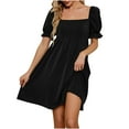 thumbnail image 1 of Summer Saving Wycnly Dresses for Women 2024 High Waist Casual Smocked Swing Beach Short Sun Dresses Short Sleeve Square Neck Solid Summer Mini Sun Dress Black S Clothes, 1 of 7