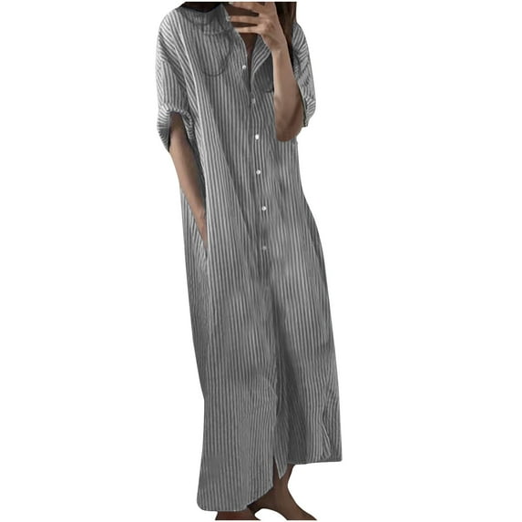 Summer Saving Wycnly Dresses for Women 2024 Loose Fashion Button Down Breathable Cotton Linen Shirt Maxi Dresses with Pockets Striped Print Short Sleeve Lapel Long Formal Dresses for Women Black XL