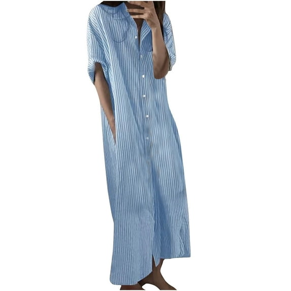 Summer Saving Wycnly Dresses for Women 2024 Loose Fashion Button Down Breathable Cotton Linen Shirt Maxi Dresses with Pockets Striped Print Short Sleeve Lapel Long Formal Dresses for Women Blue s