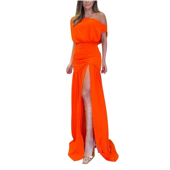 Wycnly Dresses for Women 2025 Party Club Fashion Empire Waist off Shoulder Wrap High Slit Hem Long Dresses Solid Sleeveless Slash Neck Maxi Formal Dresses for Women Orange XL