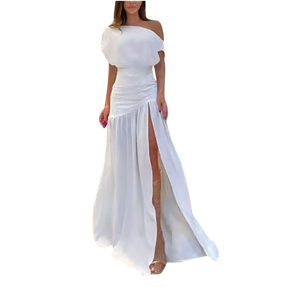 Wycnly Dresses for Women 2025 Party Club Fashion Empire Waist off Shoulder Wrap High Slit Hem Long Dresses Solid Sleeveless Slash Neck Maxi Formal Dresses for Women White XL