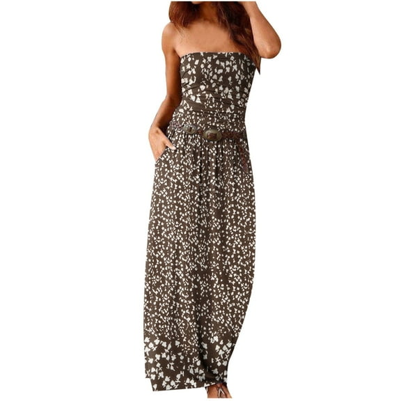 Summer Saving Wycnly Dresses for Women 2024 Party Prom Sexy Strapless Pleated Hem Maxi Dresses with Pocket Floral Sleeveless Tube Top Long Formal Dresses for Women Brown l