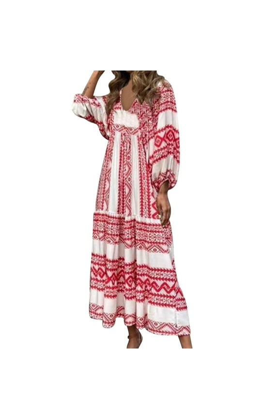 Summer Saving Wycnly Dresses for Women 2024 Plus Size Fashion Puff Sleeve Flowy Ruffle Swing Tunic Maxi Dresses Geometric Print Elbow-Length V-Neck Long Formal Dresses for Women Wine XXXL