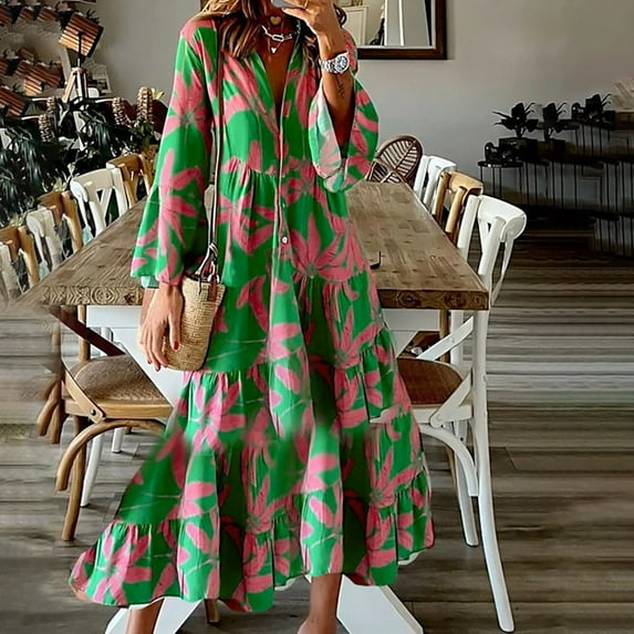 Summer Saving Wycnly Dresses for Women 2024 Plus Size Flowy Ruffle Swing Button Down Beach Dresses Long Sleeve V-Neck Floral Print Summer Maxi Sun Dress Green S Clothes