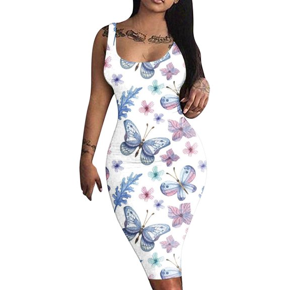 Summer Saving Wycnly Dresses for Women 2024 Sexy Basic Wrap Bodycon Night Club Party Tank Knee-Length Dresses Sleeveless Crewneck Floral Print Summer Midi Formal Dress Navy l Under $5