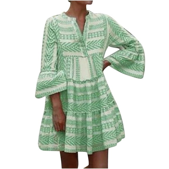 Summer Saving Wycnly Dresses for Women 2024 Summer 3/4 Sleeve V-Neck Western Print Casual Mini Sundress Vintage Loose Swing Tunic Short Sun Dresses Green m Clothes