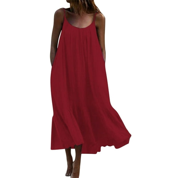Summer Saving Wycnly Dresses for Women 2024 Summer Beach Plus Size Flowy Ruffle Swing Spaghetti Strap Casual Maxi Sundress Solid Sleeveless Round Neck Long Formal Dresses for Women Wine m