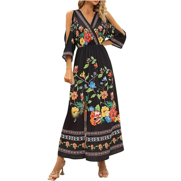 Summer Saving Wycnly Dresses for Women 2024 Summer Beach Vintage Bohemian Elastic Waist Cold Shoulder Slit Maxi Sundress Floral Print Elbow-Length V-Neck Long Formal Dresses for Women Black XL