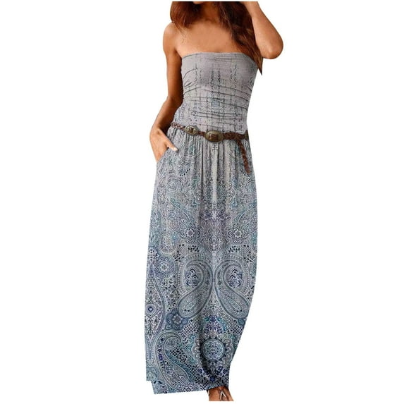 Summer Saving Wycnly Dresses for Women 2024 Summer Beach Vintage Graphics Sexy Strapless Pleated Hem Long Sundress with Pocket Floral Print Sleeveless Tube Top Maxi Formal Dresses for Women Gray l