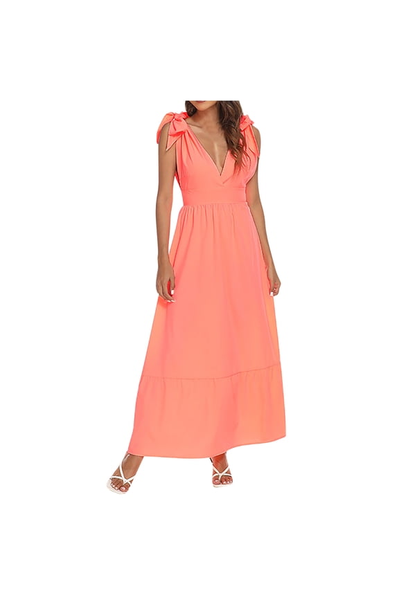 Summer Saving Wycnly Dresses for Women 2024 Summer Casual Empire Waist Tie Strap Loose Swing Maxi Sundress Solid Sleeveless V-Neck Long Formal Dresses for Women Orange XL
