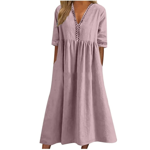 Summer Saving Wycnly Dresses for Women 2024 Summer Casual Hollow out Trim Plus Size Loose Pleated Swing Tunic Dresses Solid Elbow-Length V-Neck Long Formal Dresses for Women Pink XL