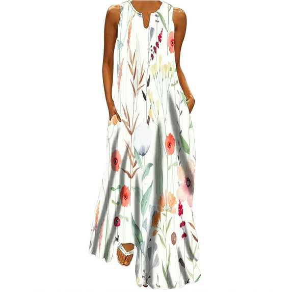 Summer Saving Wycnly Dresses for Women 2024 Summer Loose Flowy Swing Fashion Pocket Tunic Tank Long Sundress Marbled Print Sleeveless V-Neck Maxi Formal Dresses for Women White XXXL