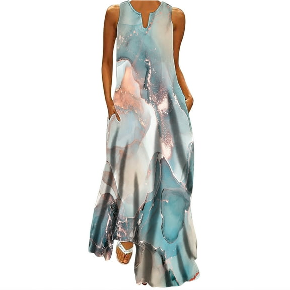 Wycnly Dresses for Women 2025 Summer Loose Flowy Swing Fashion Pocket Tunic Tank Long Sundress Marbled Print Sleeveless V-Neck Maxi Formal Dresses for Women Light Blue XXXL