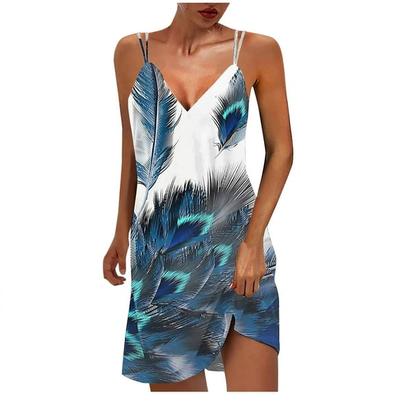 Summer Saving Wycnly Dresses for Women 2024 Summer Sleeveless V-Neck Feather Print Casual Short Sundress Beach Slim Spaghetti Strap Tunic Mini Sun Dresses Light Blue s Under $5