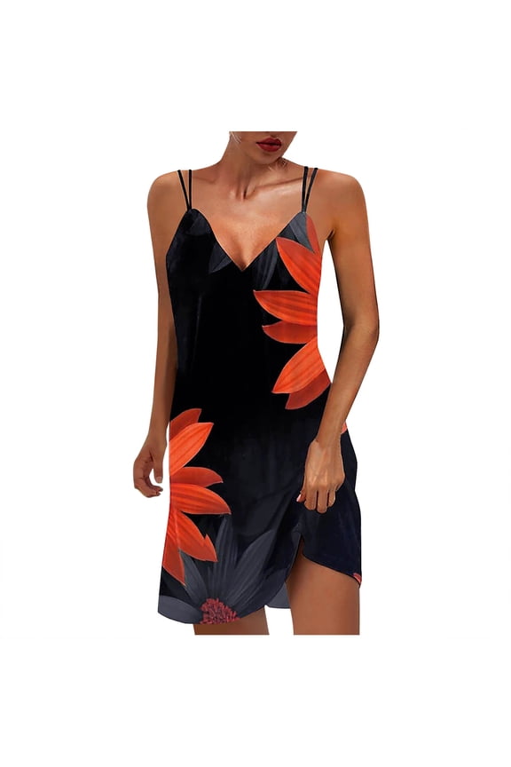 Summer Saving Wycnly Dresses for Women 2024 Summer Sleeveless V-Neck Feather Print Casual Short Sundress Beach Slim Spaghetti Strap Tunic Mini Sun Dresses Red xl Under $5