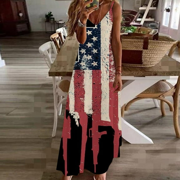 Summer Saving Wycnly Dresses for Women 4th of July High Waist Patriotic Spaghetti Strap Maxi Dresses Sleeveless V-Neck American Flag Print Summer Long Formal Dress Black XL