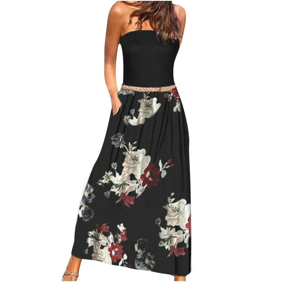 Summer Saving Wycnly Dresses for Women Beach Boho Elastic Waist Strapless Maxi Sundress with Pocket Sleeveless Tube Top Striped Print Summer Long Formal Dress Black XXL