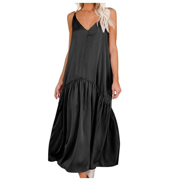 Summer Saving Wycnly Summer Dresses for Women Beach Casual Loose Pleated Swing Spaghetti Strap Long Sundress 2024 Sleeveless V-Neck Solid Maxi Formal Dress Black XL