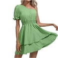 thumbnail image 1 of Summer Saving Wycnly Dresses for Women Beach Empire Waist Ruffle Swing One Shoulder A Line Dresses Slash Neck Short Sleeve Plain Summer Mini Formal Dress Green s, 1 of 4