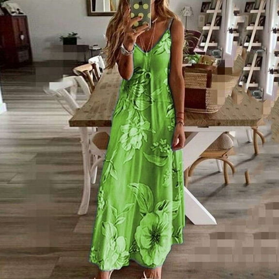 Summer Saving Wycnly Dresses for Women Beach Spaghetti Strap High Waist Swing Cami Long Sundress Sleeveless V-Neck Floral Print Summer Maxi Formal Dress Green s