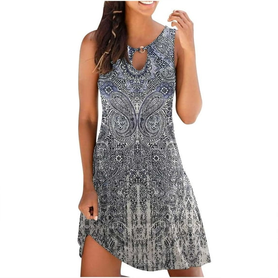 Summer Saving Wycnly Dresses for Women Beach Vintage Graphics Keyhole Swing Tunic Tank Mini Dresses Round Neck Sleeveless Western Print Summer Short Formal Dress Navy s