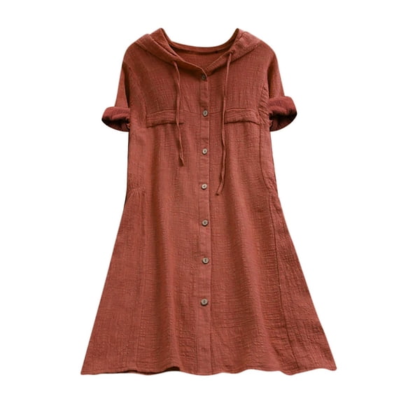 Summer Saving Wycnly Dresses for Women Casual Button Down Plus Size Swing Hoodie Dresses with Tie V-Neck Short Sleeve Solid Summer Mini Formal Dress Brown XL