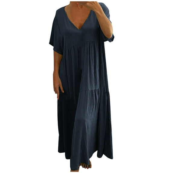 Summer Saving Wycnly Summer Dresses for Women Casual Plus Size Pleated Swing Cotton Linen Long Sundress 2024 Short Sleeve V-Neck Solid Maxi Formal Dress Dark Blue l