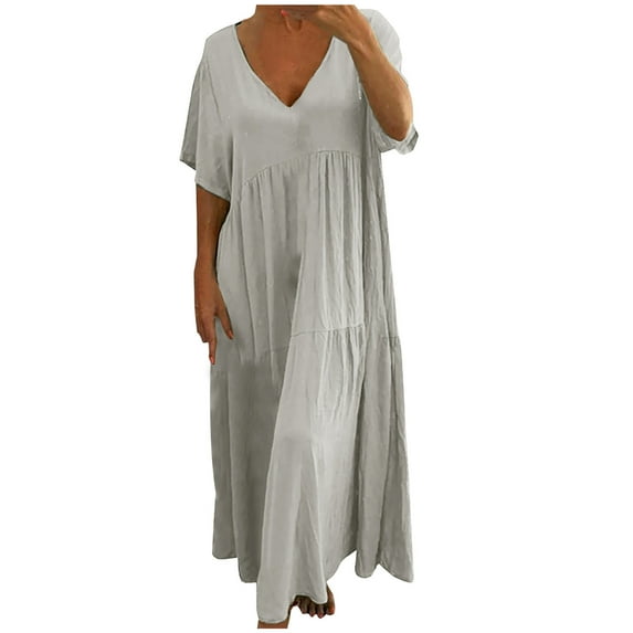 Summer Saving Wycnly Summer Dresses for Women Casual Plus Size Pleated Swing Cotton Linen Long Sundress 2024 Short Sleeve V-Neck Solid Maxi Formal Dress Gray l
