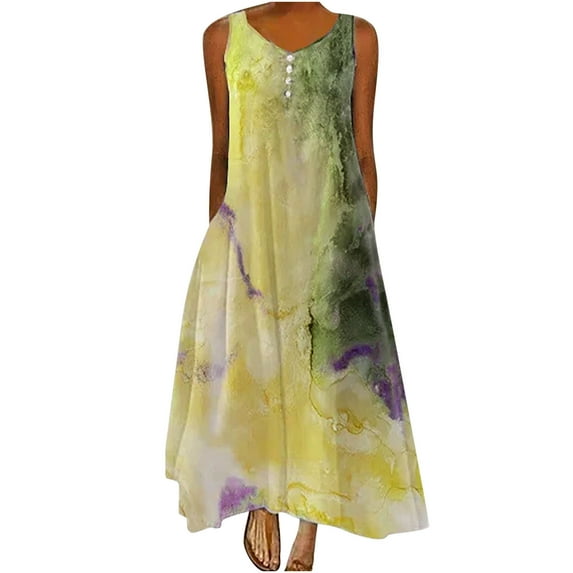 Summer Saving Wycnly Summer Dresses for Women Fashion Button Plus Size Swing A Line Tank Dresses with Pocket 2024 Sleeveless V-Neck Marbled Print Maxi Formal Dress Yellow l