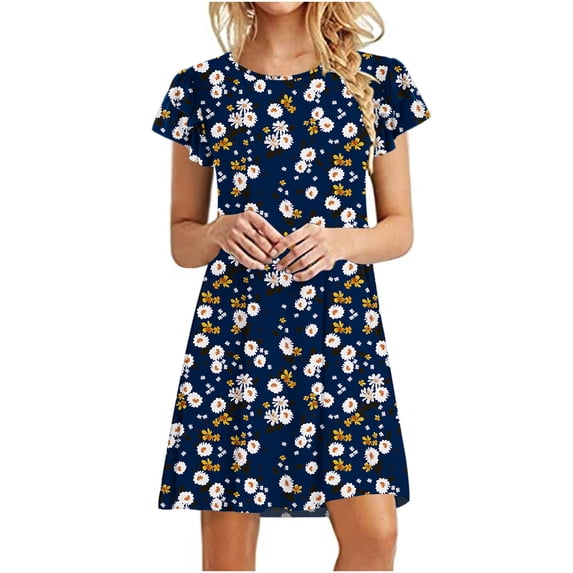 Summer Saving Wycnly Dresses for Women Fashion Ruffle Sleeve Loose Swing Tunic Tshirt Mini Dresses Crewneck Short Sleeve Floral Print Summer Short Formal Dress Navy s