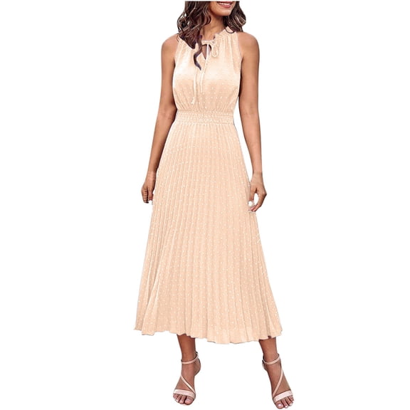 Summer Saving Wycnly Summer Dresses for Women Fashion Tie Front Elastic Waist Flowy Pleated Swing Tank Maxi Dresses 2024 Sleeveless Round Neck Solid Long Formal Dress Beige s