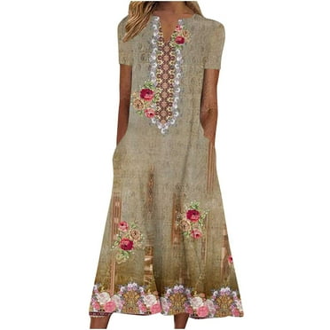 Summer Saving Wycnly Summer Dresses for Women Loose Pocket Swing Vintage Western Print Tunic Maxi Dresses 2024 Short Sleeve V-Neck Floral Long Formal Dress Green XL