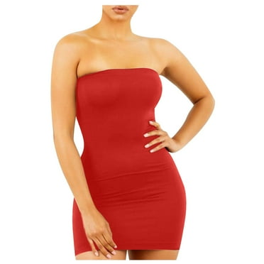 Summer Saving Wycnly Dresses for Women Night Party Club Sexy Strapless Ruched Bodycon Mini Dresses Tube Top Sleeveless Solid Summer Short Formal Dress Red s