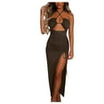 thumbnail image 1 of Summer Saving Wycnly Dresses for Women Party Club Sexy Cut-out Slit Ruched Bodycon Dresses with Drawstring Sleeveless Halter Solid Summer Long Formal Dress Coffee l, 1 of 6
