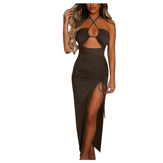 Summer Saving Wycnly Dresses for Women Party Club Sexy Cut-out Slit Ruched Bodycon Dresses with Drawstring Sleeveless Halter Solid Summer Long Formal Dress Coffee l