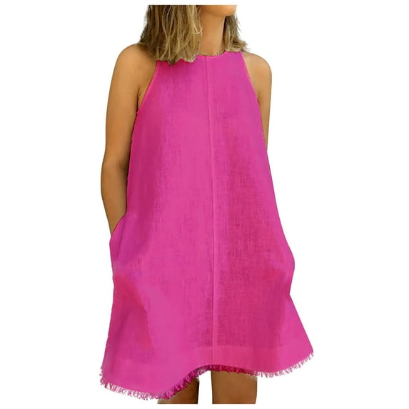 Summer Saving Wycnly Dresses for Women Plus Size Casual Solid Cotton Linen Tank Mini Dresses with Pocket Round Neck Sleeveless Plain Summer Short Formal Dress Hot Pink XL