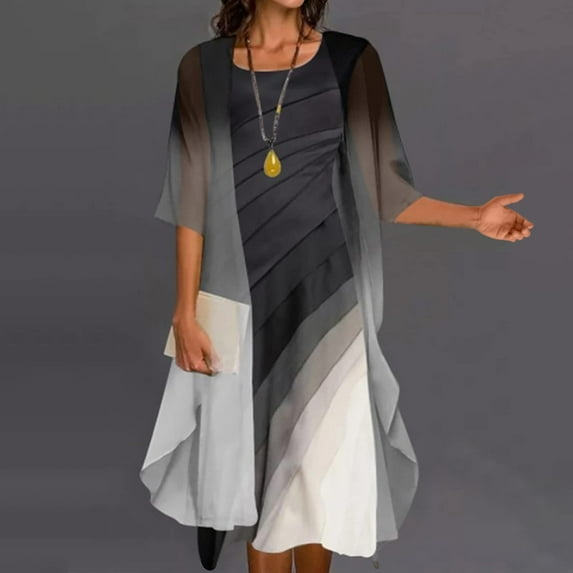 Summer Saving Wycnly Dresses for Women Plus Size Fashion 2 Pieces Tank Dresses with Cardigan Elbow-Length Round Neck Color Patchwork Summer Long Formal Dress Gray XXXXL
