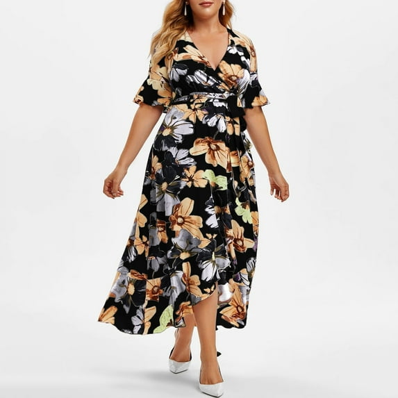 Summer Saving Wycnly Dresses for Women Plus Size Fashion Empire Waist Irregular Swing A Line Dresses Short Sleeve V-Neck Floral Print Summer Long Formal Dress Black l
