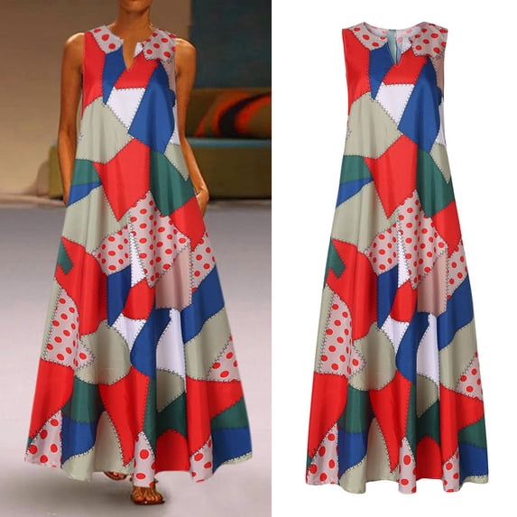 Summer Saving Wycnly Dresses for Women Plus Size Loose Pocket Swing Fashion Tunic Tank Long Dresses Sleeveless V-Neck Color Patchwork Summer Maxi Formal Dress Red XXXL